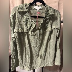 Hayden Sage Green Lace-Trim Peasant Top